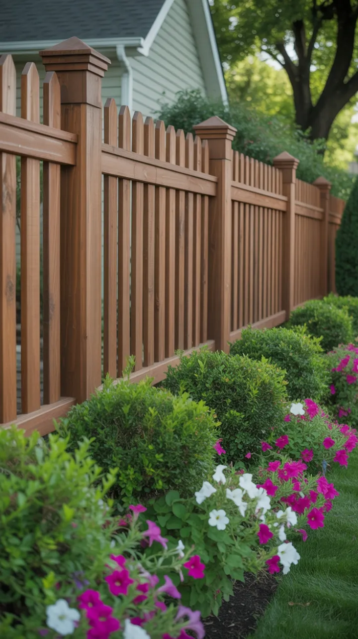 Rich Stained Fence and Lush Garden Elevate Curb Appeal