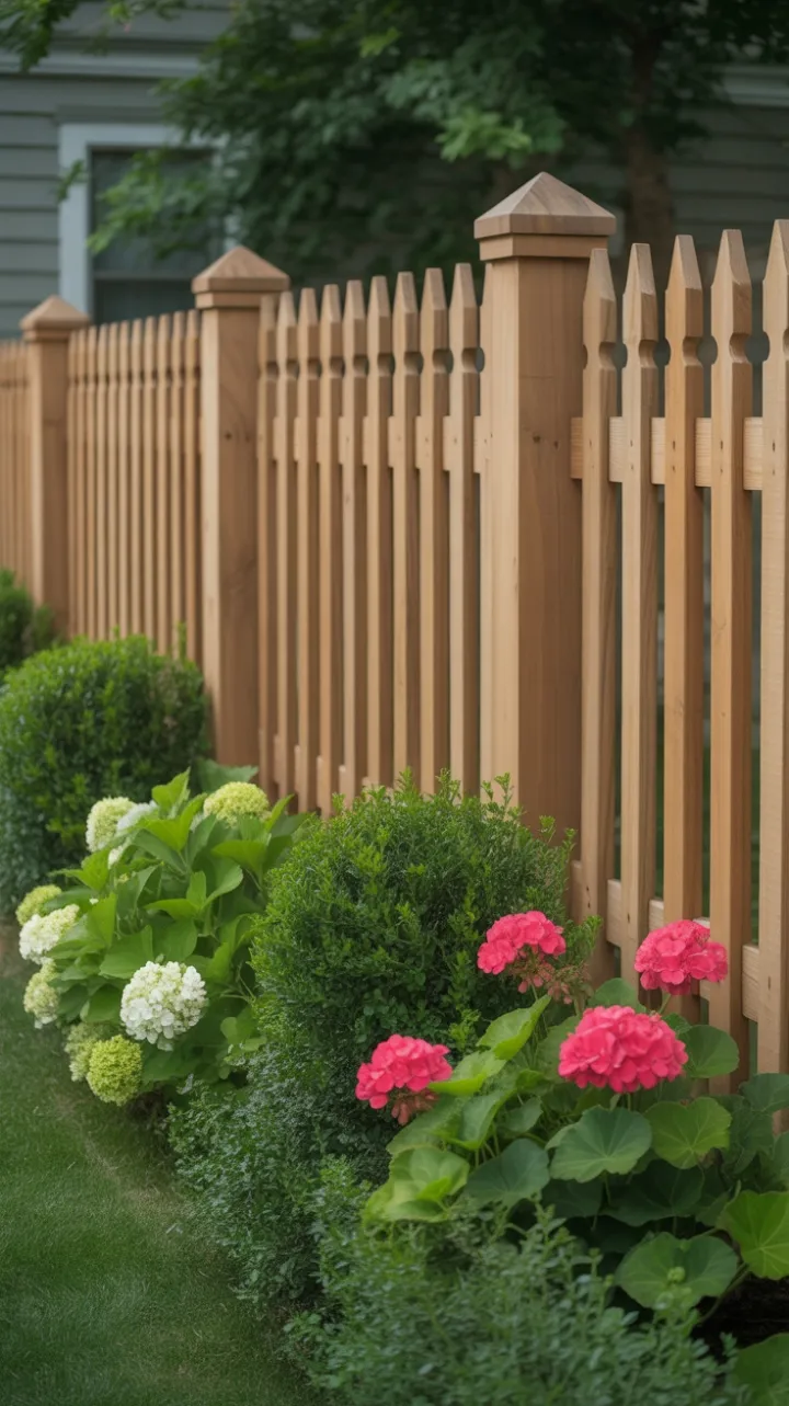Sunlit Honey Picket Fence Framed by Hydrangeas and Geraniums