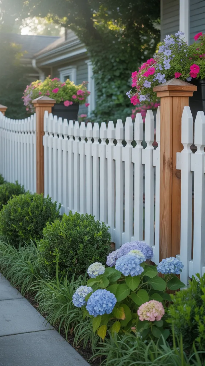Picture-Perfect Curb Appeal with a Charming White Picket Fence and Lush Blooms