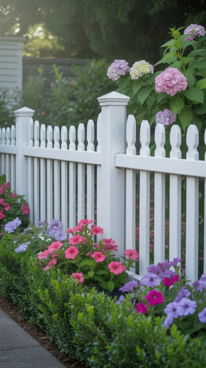 Sunlit White Picket Welcome Framed by Hydrangea and Petunias
