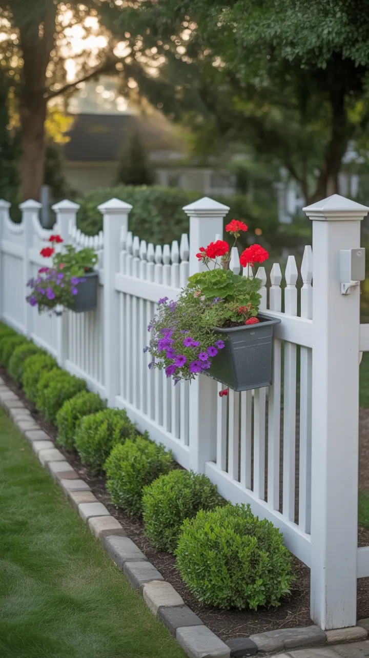 Sunlit White Picket Perfection with Cascading Geraniums and Petunias