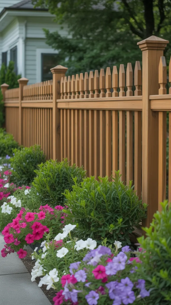 Sunlit Honey-Brown Picket Fence Framing a Blooming Front Garden