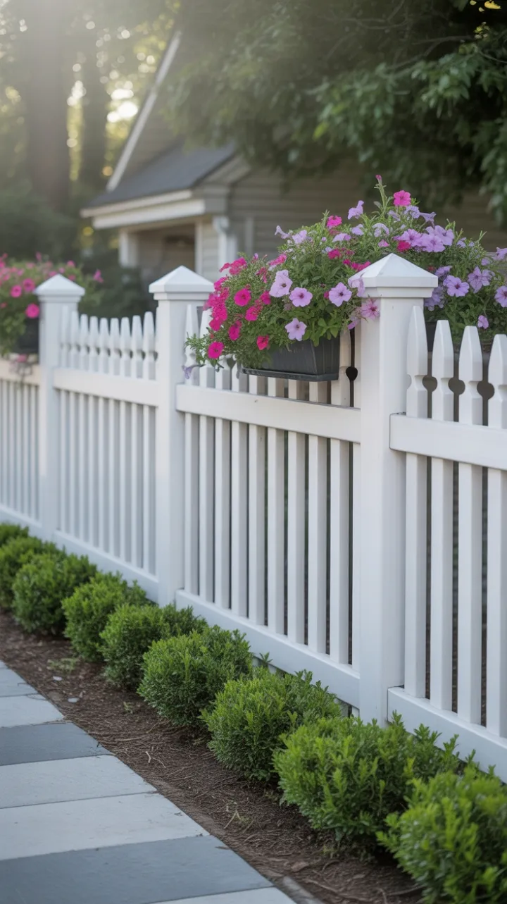 Charming White Picket Fence Framed by Blooming Petunias