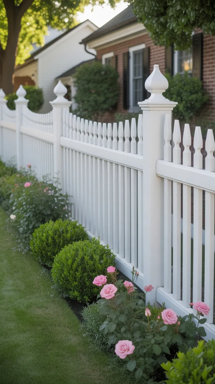 Sunlit Picket Perfection with Walnut Posts and a Rose-Lined Garden