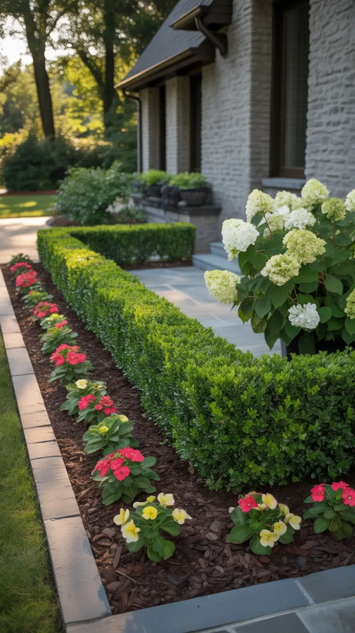 Sunlit Symmetry at a Stone Cottage with Boxwood Hedges and Impatiens