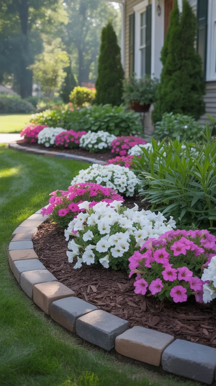 Sunlit Symmetry of Petunias, Stone Edging, and Emerald Greens