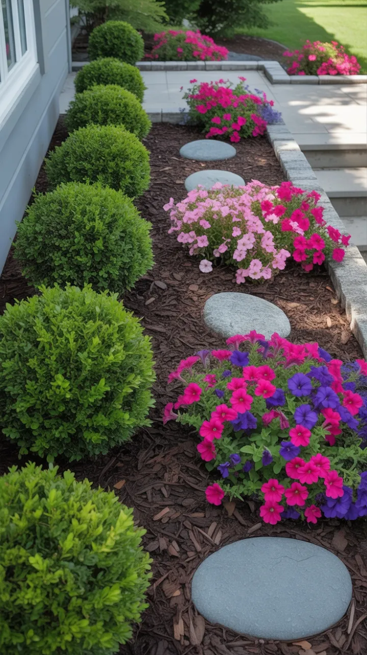 Picture-perfect curb appeal with symmetrical boxwoods and blossoming petunias