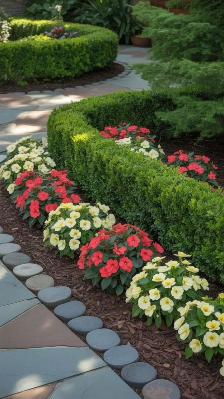 Sunlit Symmetry with Boxwood Hedges and Vibrant Impatiens