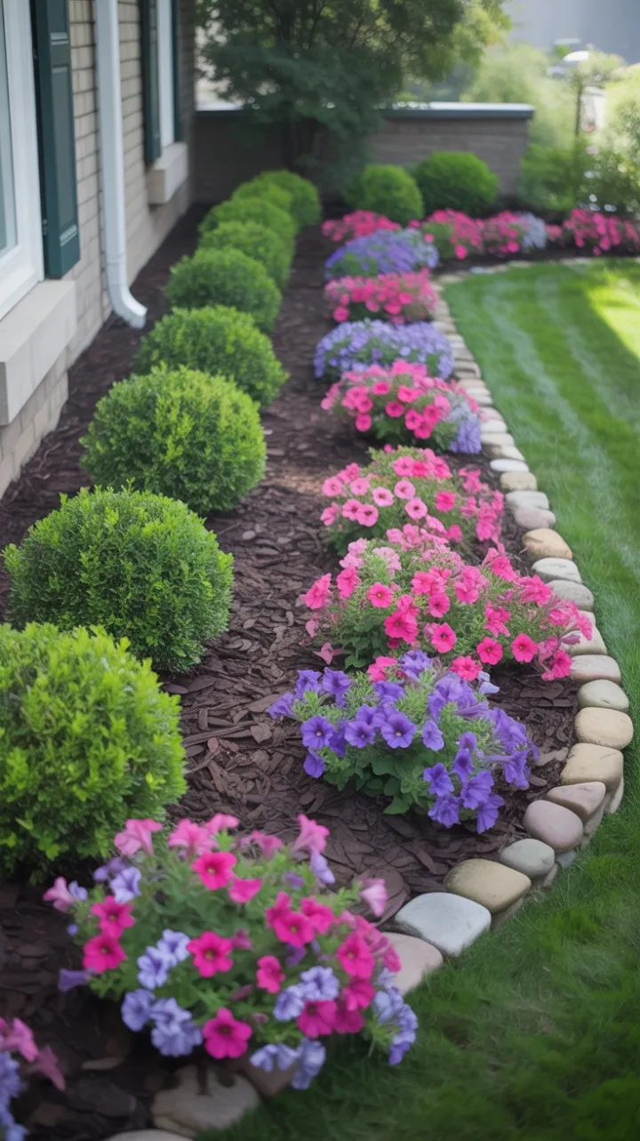 Sunlit Symmetry of Boxwood Borders and Blooming Petunias