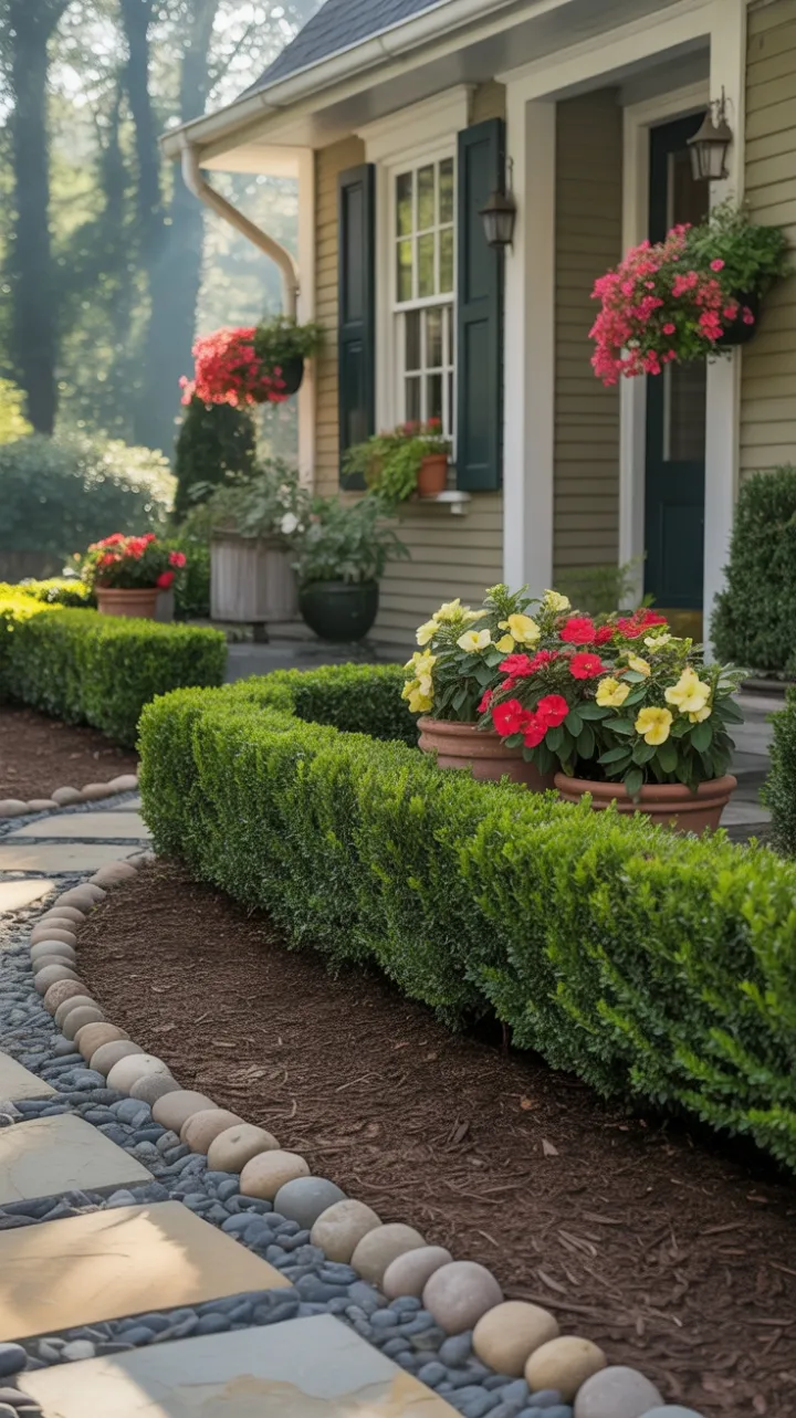 Welcoming Cottage Curb Appeal with Symmetrical Boxwoods and Terracotta Blooms