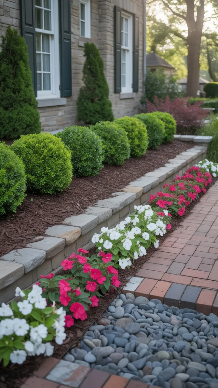 Symmetrical Curb Appeal with Emerald Boxwoods and Crimson Impatiens