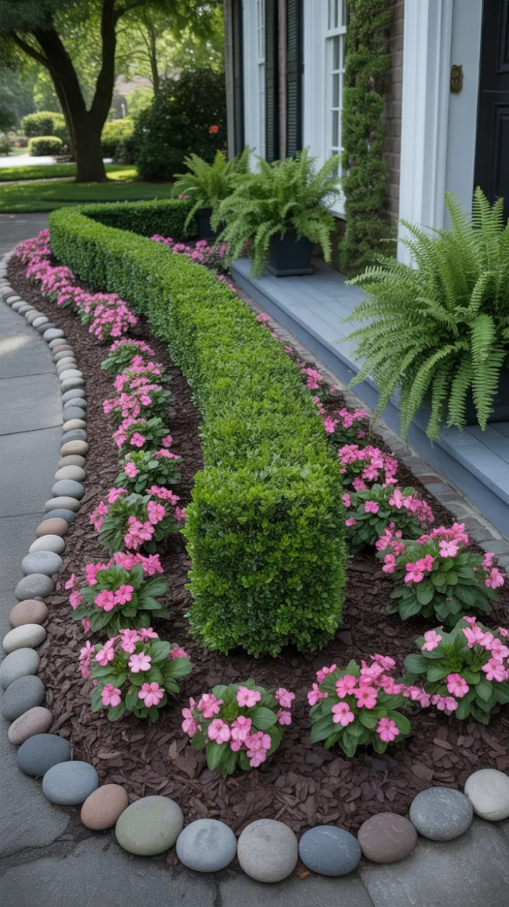 Tranquil Colonial Front Yard with Boxwood Borders and Blushing Impatiens