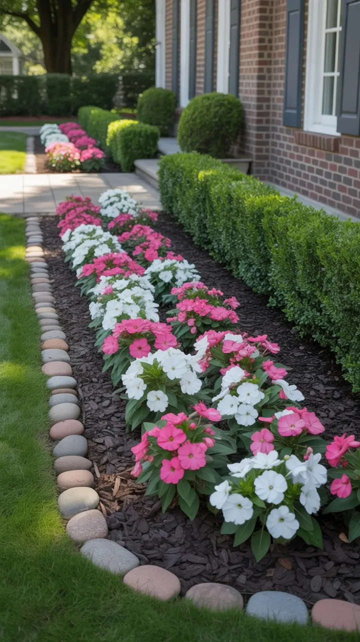 Symmetry in Bloom with Pink Impatiens and Sculpted Boxwood
