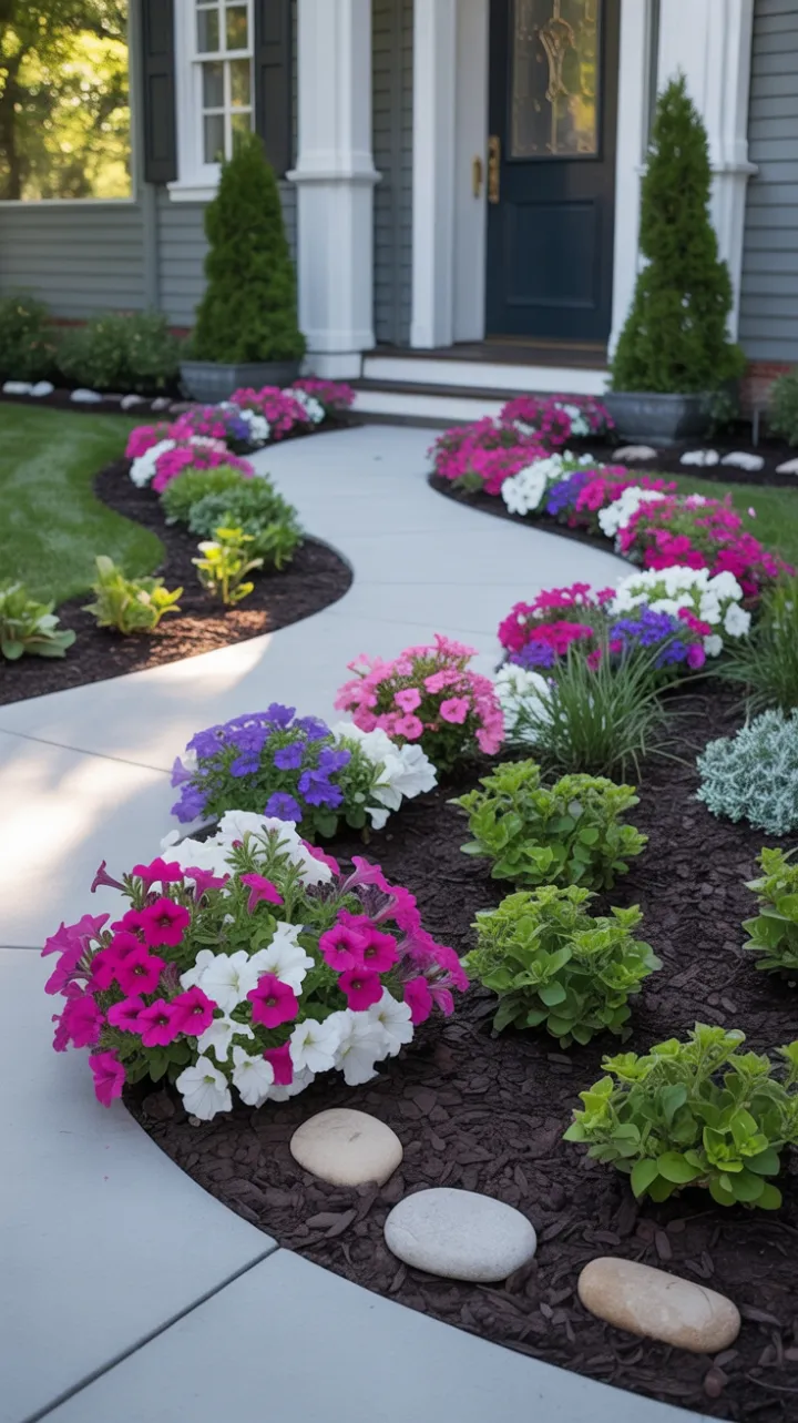 Sunlit Petunia-Lined Walkway Welcomes You