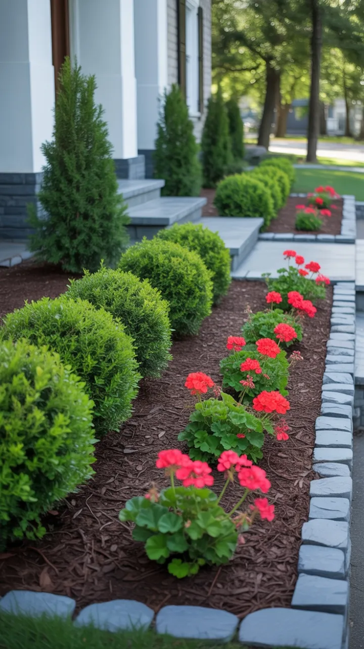 Pristine White Facade Framed by Symmetrical Boxwood and Red Geraniums