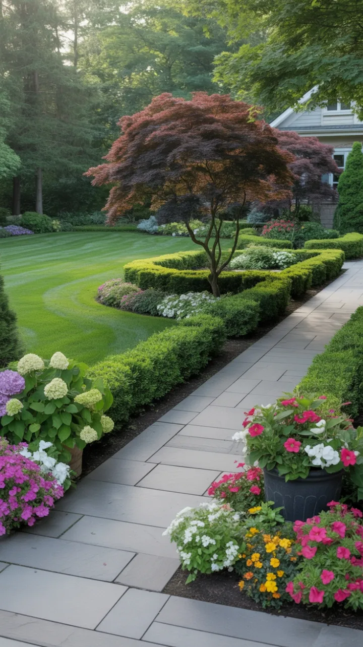 Sunlit Symmetry of a Meticulously Landscaped Front Yard