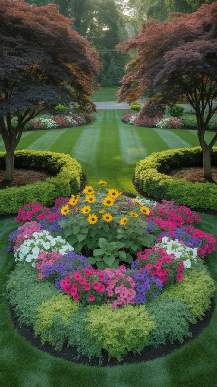 Sunlit Symmetry – Japanese Maples Framing a Blooming Front Yard