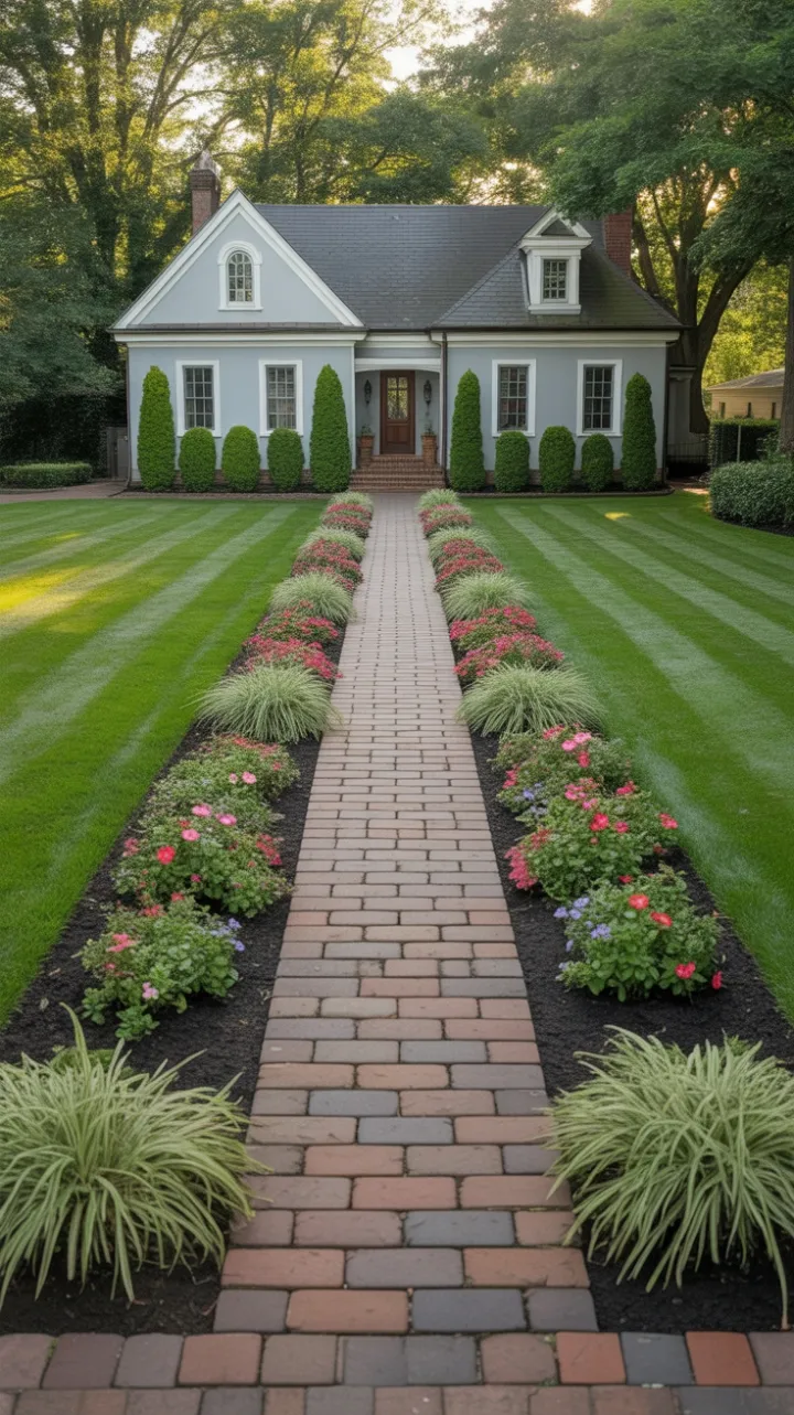 Sunlit Symmetry of an Emerald Lawn and Blossoming Walkway