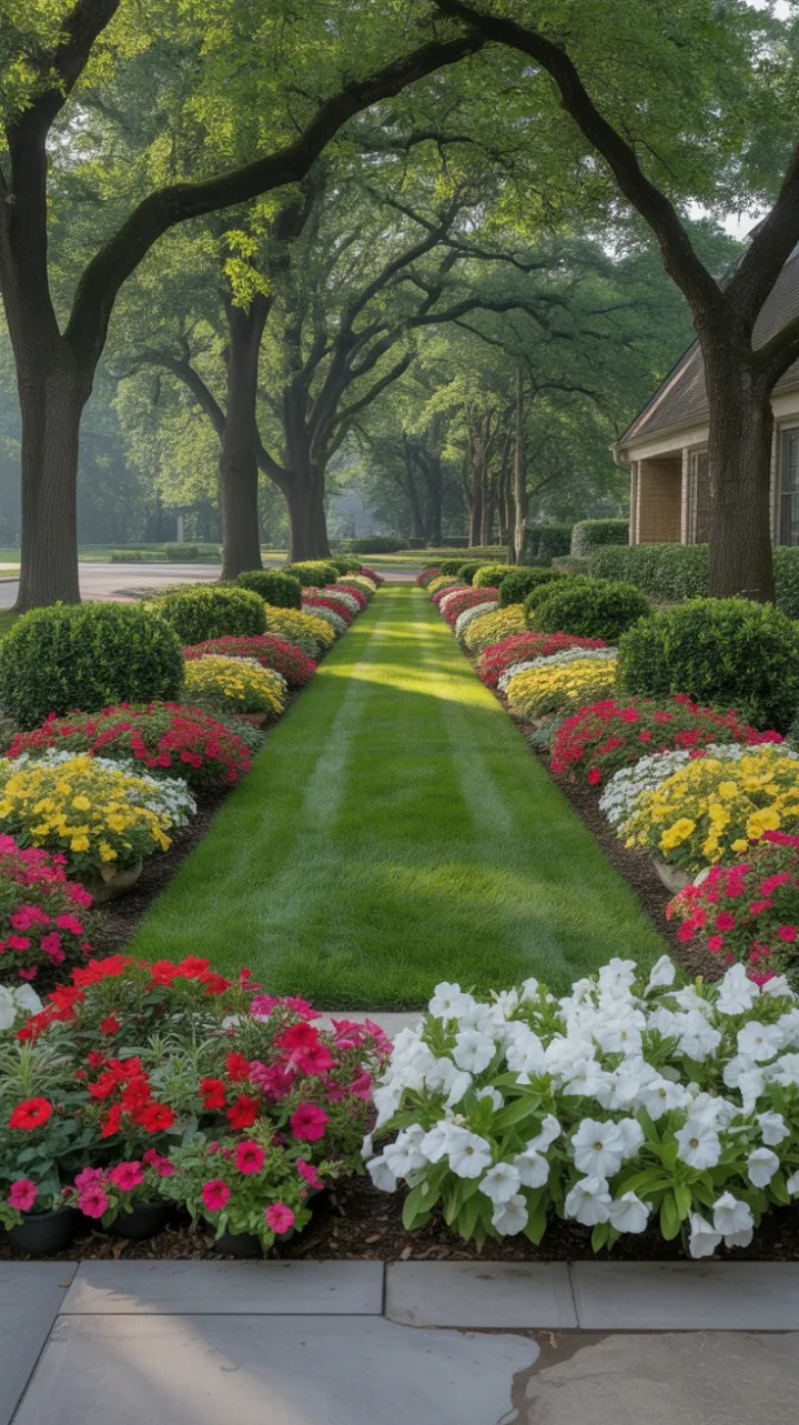 Sunlit Symmetry of Mirrored Oaks and Vibrant Petunias