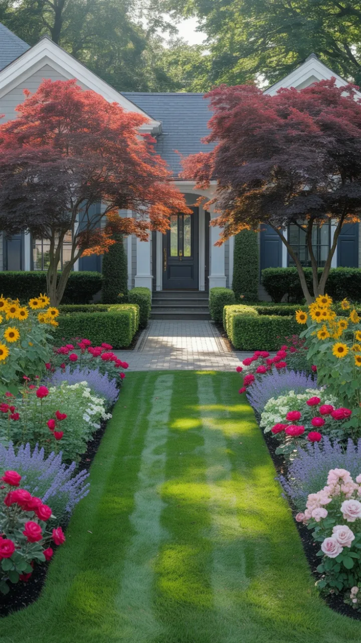 Perfectly Balanced Curb Appeal with Crimson Roses, Red Maples and Sunlit Sunflowers