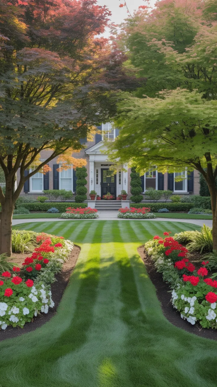Sunlit Symmetry and Manicured Elegance Framed by Japanese Maples