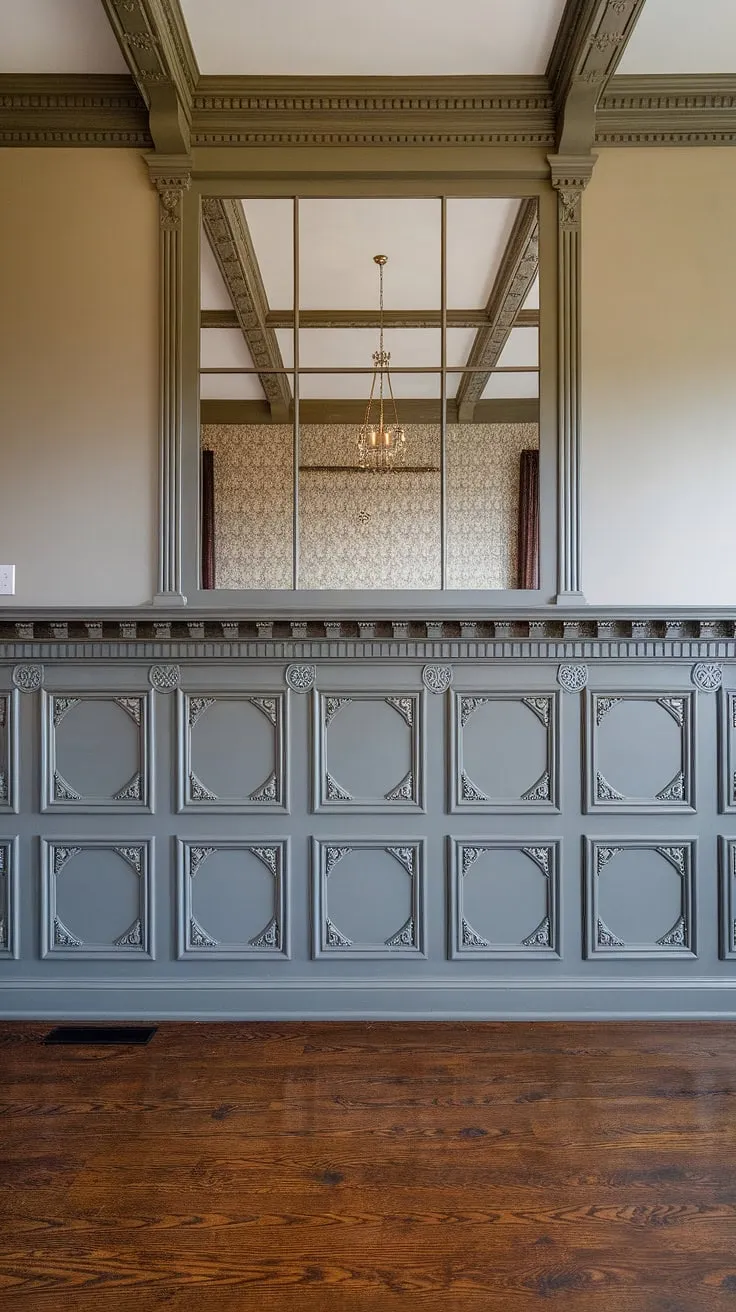 This living room's dramatic high ceiling is perfectly complemented by a stunning full wall wainscoting, showcasing exquisite Victorian wainscoting designs.  The rich wainscoting wallpaper and intricate wainscoting trim elevate this space, offering endless wainscoting ideas for living rooms, hallways, and even entryways.  Consider this a masterclass in half panel wainscoting, proving that even art deco wainscoting can find its place in a Victorian-inspired design.