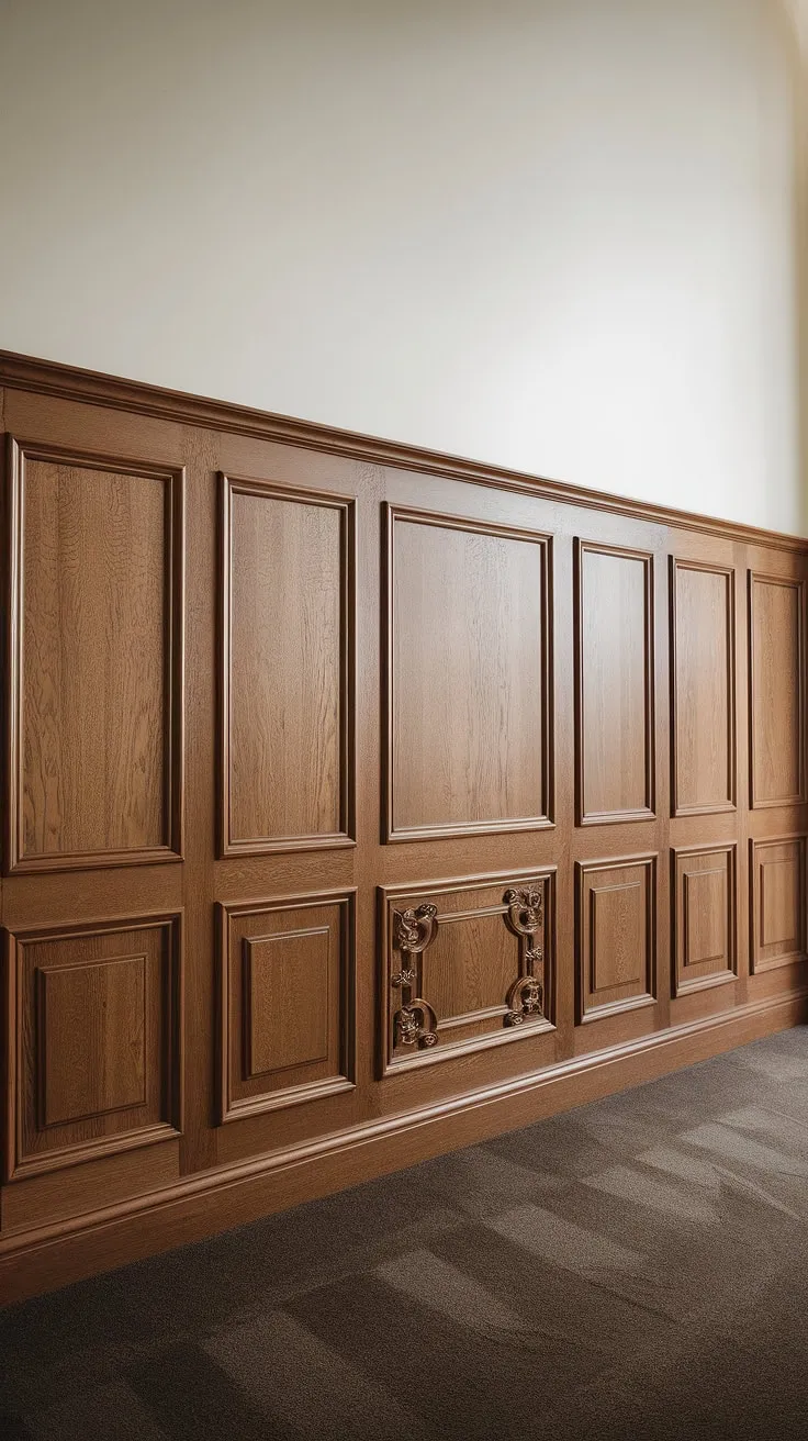 This stunning full wall wainscoting transforms the living room, showcasing exquisite wainscoting designs and offering inspiration for your own wainscoting ideas.  The half panel wainscoting, reaching halfway up the high ceiling, creates a dramatic yet elegant effect.  Consider this for your living room, hallway wainscoting, or even wainscoting for entryways. While not Victorian wainscoting or strictly Art Deco wainscoting, its timeless appeal transcends specific styles.  The crisp white above complements the rich wood tones, and the carefully chosen wainscoting trim elevates the space.  Forget wainscoting wallpaper – this is the real deal.