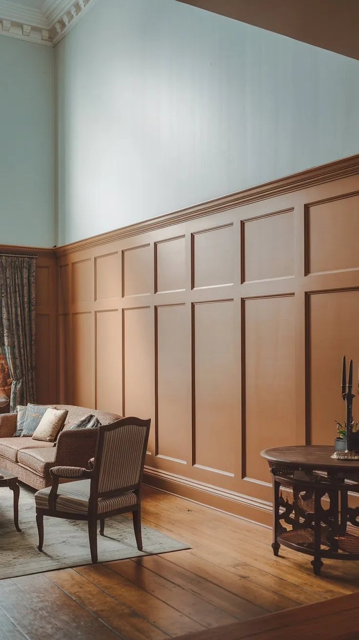 This Victorian-style living room showcases the elegance of full wall wainscoting, a stunning example of wainscoting designs that seamlessly blend with the high ceiling wainscoting.  The half panel wainscoting, a perfect choice for wainscoting for living rooms, creates a rich texture, while the light blue upper walls add a touch of airy sophistication.  Consider this when exploring wainscoting ideas for your own home, whether it's for a grand entryway, hallway wainscoting, or even as a striking alternative to wainscoting wallpaper.  The intricate wainscoting trim elevates the space, offering inspiration for those seeking victorian wainscoting or even art deco wainscoting.