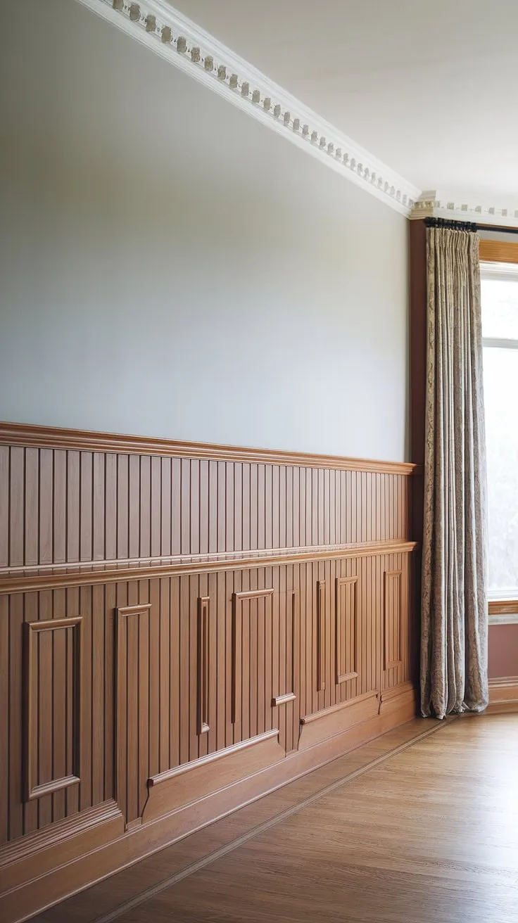 This stunning full wall wainscoting transforms the living room, showcasing exquisite wainscoting designs that extend from floor to ceiling.  The light gray upper wall complements the rich wood, offering a sophisticated take on wainscoting for living rooms.  While this design surpasses traditional half panel wainscoting, it's a testament to the versatility of wainscoting ideas, equally suitable for entryways or hallways.  The intricate wainscoting trim elevates the space, hinting at Victorian wainscoting influences without being overly ornate.  Consider this a masterclass in high ceiling wainscoting, far beyond simple wainscoting wallpaper.  Though not strictly art deco wainscoting, its clean lines offer a timeless appeal.