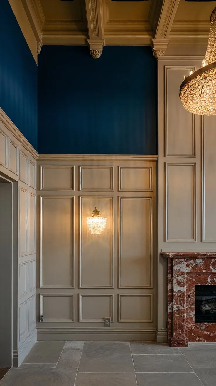 The dramatic high ceilings are perfectly complemented by the rich, detailed Victorian wainscoting that covers the entire wall. This full wall wainscoting is a testament to the transformative power of wainscoting designs, offering a wealth of wainscoting ideas for your own home.  Whether you're considering wainscoting for living rooms, hallway wainscoting, or even wainscoting for entryways, this image provides inspiration.  The intricate wainscoting trim adds a touch of luxury, showcasing a sophisticated alternative to wainscoting wallpaper.  While not art deco wainscoting, it shares a similar attention to detail.  This is a stunning example of how high ceiling wainscoting can dramatically impact a room, far surpassing the effect of simple half panel wainscoting.