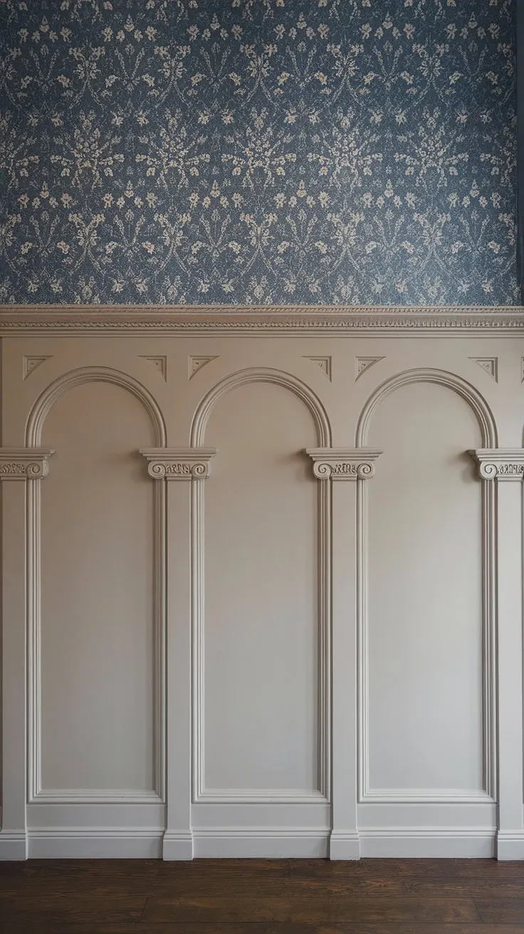 Victorian elegance meets modern design in this stunning living room.  The full wall wainscoting, a masterpiece of wainscoting designs, showcases intricate arches and crisp white paint, creating a perfect backdrop for the vibrant blue floral wallpaper above. This wainscoting for living rooms is a testament to the versatility of wainscoting ideas, equally suited for entryways and hallways.  The high ceiling wainscoting elevates the space, while the dark wood floor adds warmth and depth. This isn't your typical half panel wainscoting; it's a full-scale statement of Victorian wainscoting, showcasing exquisite wainscoting trim.  Consider this inspiration for your own wainscoting wallpaper choices. Though not strictly art deco wainscoting, it captures a similar level of refined detail.
