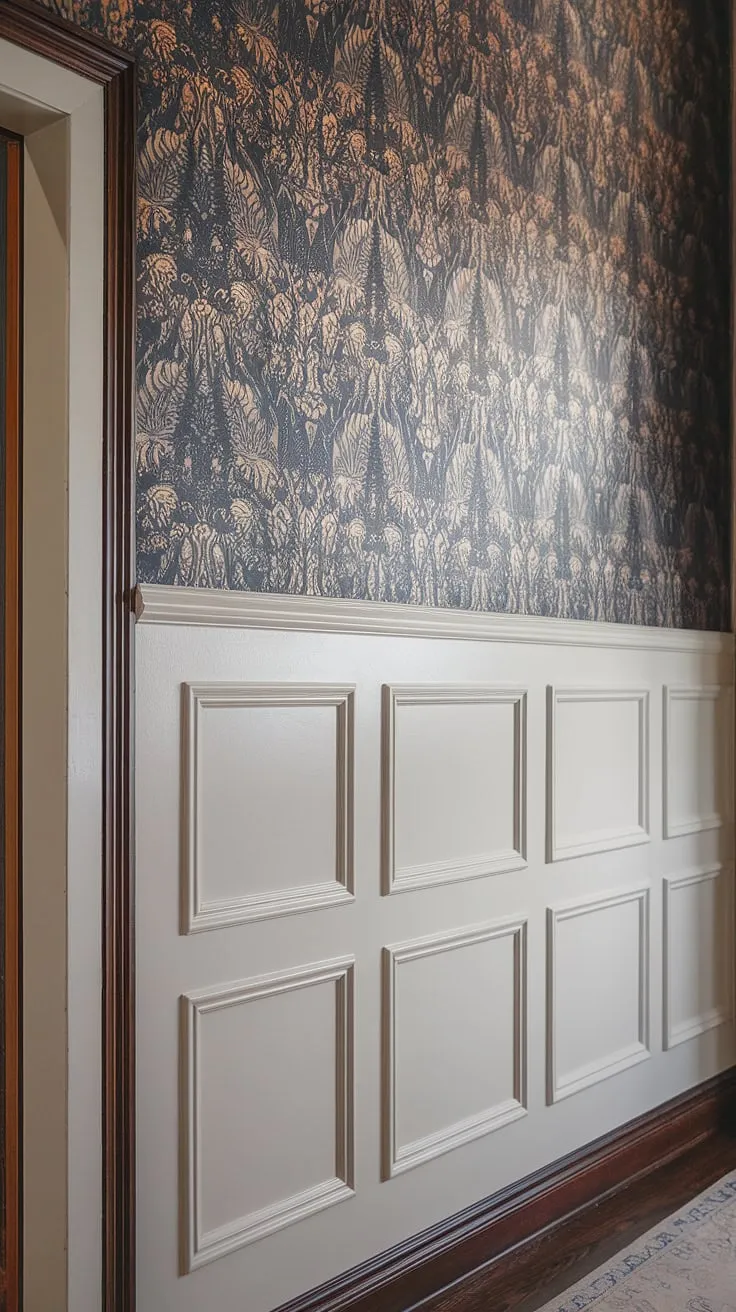 Elegant art deco wainscoting designs elevate this living room, showcasing the beauty of full wall wainscoting.  The half panel wainscoting, seamlessly transitioning into the hallway wainscoting and entryways, is a masterclass in wainscoting ideas for living rooms.  The rich dark wood wainscoting trim complements the floral wainscoting wallpaper and high ceiling wainscoting perfectly. This Victorian-inspired approach to wainscoting for entryways is a testament to the transformative power of wainscoting.