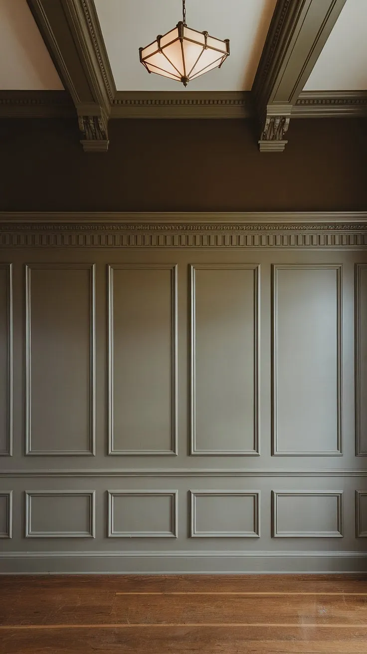 Victorian elegance meets Art Deco flair in this stunning space.  The full wall wainscoting, a masterpiece of wainscoting designs, elevates the high ceiling and dark walls.  This is a perfect example of wainscoting for living rooms, though equally striking as hallway wainscoting or wainscoting for entryways.  Consider this inspiration for your own wainscoting ideas – from half panel wainscoting to this dramatic full-height treatment. The intricate wainscoting trim and the art deco light fixture create a truly unique blend of styles.  This isn't just wainscoting wallpaper; it's architectural artistry.