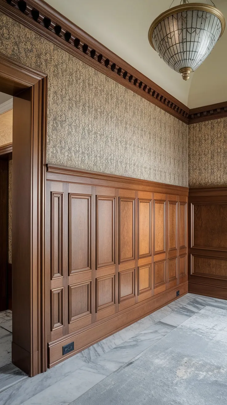 Victorian elegance meets Art Deco glamour in this stunning home.  The full wall wainscoting, a masterpiece of wainscoting designs, extends throughout the living room, hallways, and entryways, showcasing exquisite wainscoting for living rooms and wainscoting for entryways applications.  Note the high ceiling wainscoting and the perfect complement of wainscoting wallpaper above.  The rich wood, detailed wainscoting trim, and the art deco chandelier create a truly unforgettable space. This is a prime example of half panel wainscoting done right, offering endless wainscoting ideas.