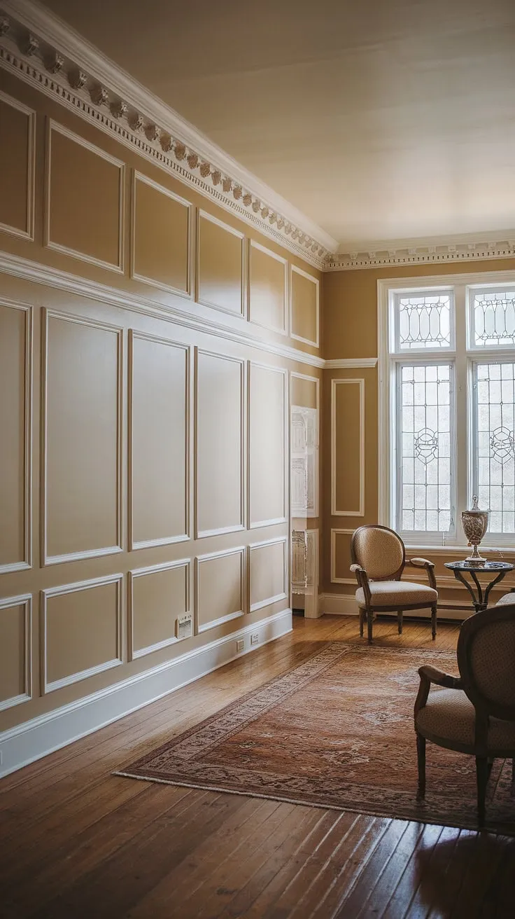 This Victorian living room's dramatic high ceiling wainscoting, extending from floor to ceiling, showcases the artistry of full wall wainscoting.  The exquisite wainscoting trim and thoughtful wainscoting designs create a stunning backdrop, offering endless wainscoting ideas for living rooms, entryways, and even hallways.  While this example leans towards Victorian wainscoting, the concept could easily inspire art deco wainscoting or other styles.  Consider this a masterclass in wainscoting for living rooms, a far cry from simple half panel wainscoting.  The elegant beige walls and white wainscoting trim complete the look, proving that full wall wainscoting can be far more impactful than wainscoting wallpaper.