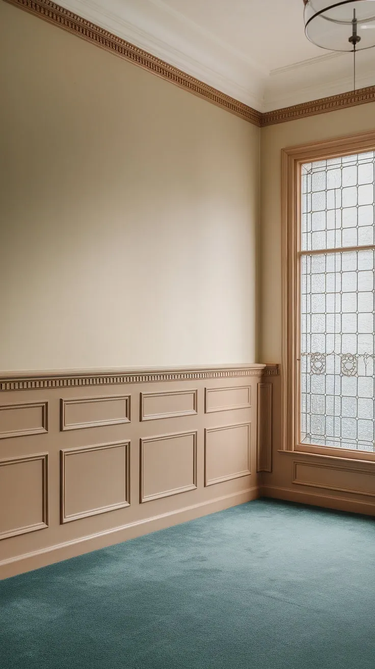 This Victorian-style living room showcases the dramatic impact of full wall wainscoting, extending from floor to high ceiling.  The intricate wainscoting designs and elegant wainscoting trim create a stunning focal point, offering inspiration for wainscoting ideas in living rooms, entryways, and even hallways. While this example leans towards Victorian wainscoting, the concept could easily be adapted for art deco wainscoting or other styles.  Consider this a masterclass in wainscoting for living rooms, showcasing how full wall wainscoting, unlike half panel wainscoting, can transform a space.  The subtle beige wall behind complements the wainscoting perfectly, and while not wainscoting wallpaper, the effect is equally luxurious.