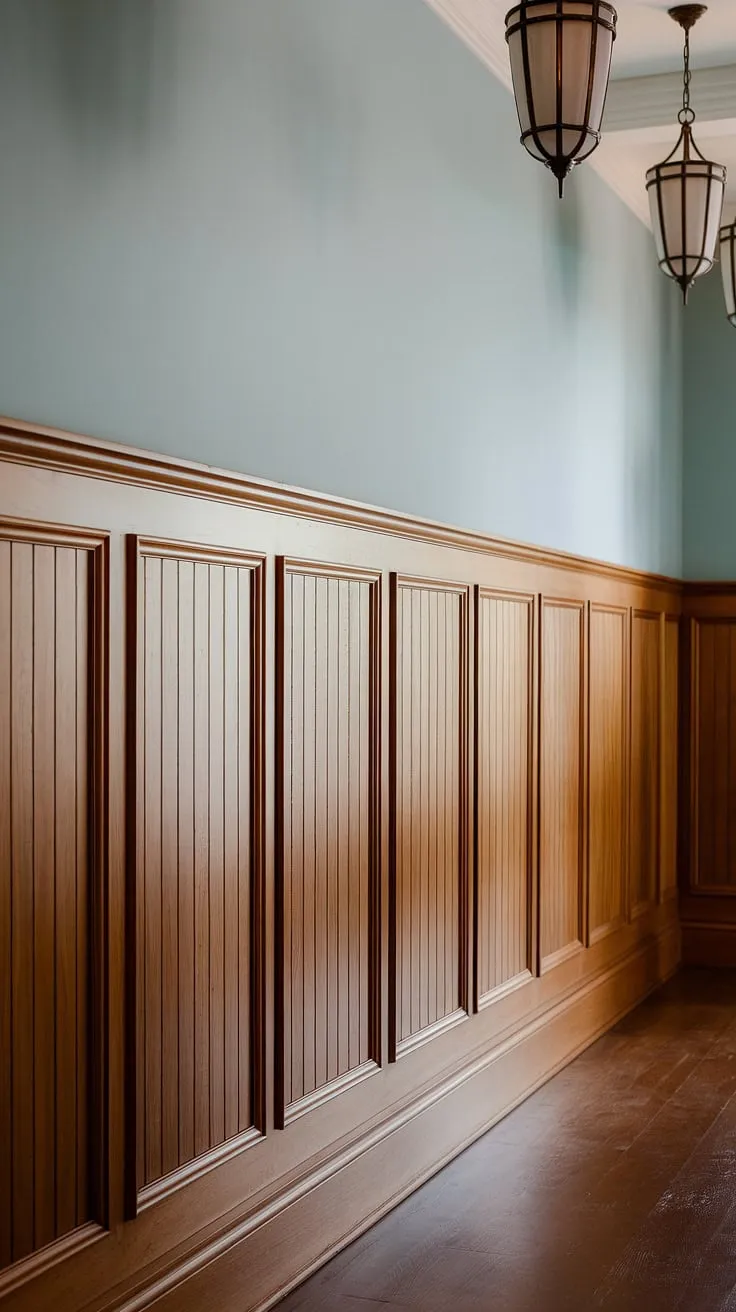 A breathtaking display of hallway wainscoting! This full wall wainscoting installation is a testament to the transformative power of wainscoting for living rooms and entryways. The rich wood and light blue paint create a captivating contrast, showcasing a unique take on wainscoting ideas.  From the intricate wainscoting trim to the high ceiling wainscoting, every detail is meticulously crafted.  While inspired by Victorian wainscoting, this design offers a fresh perspective, surpassing the limitations of half panel wainscoting.  Explore the possibilities of wainscoting wallpaper and discover how full wall wainscoting can elevate your space.  This isn't your typical art deco wainscoting, but it certainly shares its elegance.