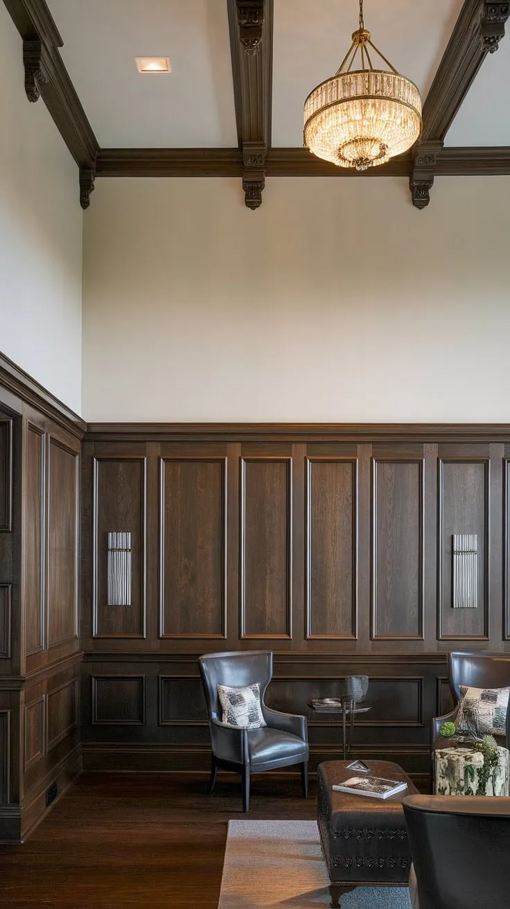 The grandeur of this high ceiling wainscoting is breathtaking.  This full wall wainscoting, a rich Victorian wainscoting design, demonstrates the transformative power of wainscoting in a living room.  While wainscoting wallpaper offers a simpler approach, this dark stained wood showcases the artistry of wainscoting for living rooms.  Imagine this level of detail in your own home—perhaps as hallway wainscoting or even wainscoting for entryways.  The art deco chandelier and wainscoting trim add a touch of modern sophistication to this classic wainscoting ideas.  This is a perfect example of how to use high ceiling wainscoting to elevate a space.