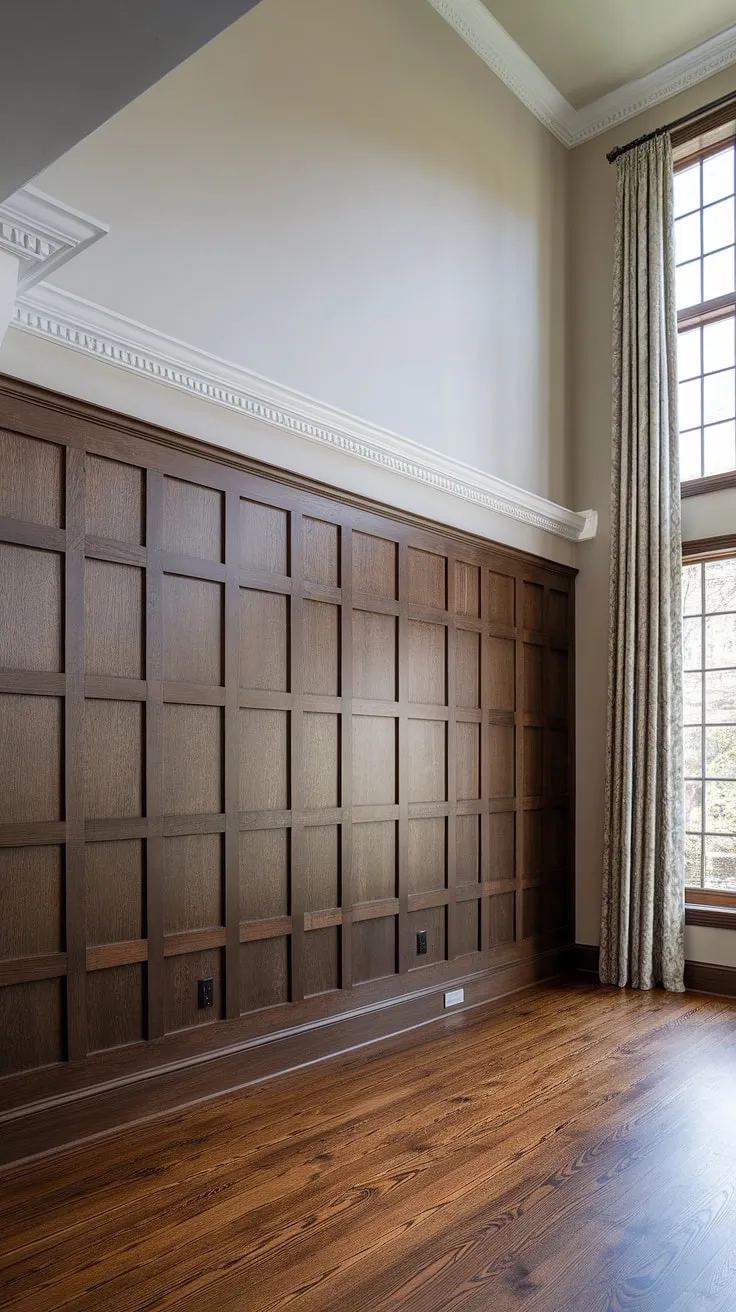 This living room's dramatic high ceiling wainscoting, extending from floor to ceiling in rich dark wood, showcases the versatility of wainscoting designs.  From wainscoting for living rooms to wainscoting for entryways, this full wall wainscoting installation offers a stunning example of wainscoting ideas, far beyond traditional half panel wainscoting. The elegant white molding above and grey lower wall create a sophisticated contrast, hinting at Victorian wainscoting influences while maintaining a modern feel.  Consider this inspiration for your own hallway wainscoting or even art deco wainscoting projects; the possibilities are endless with this impactful wainscoting trim.
