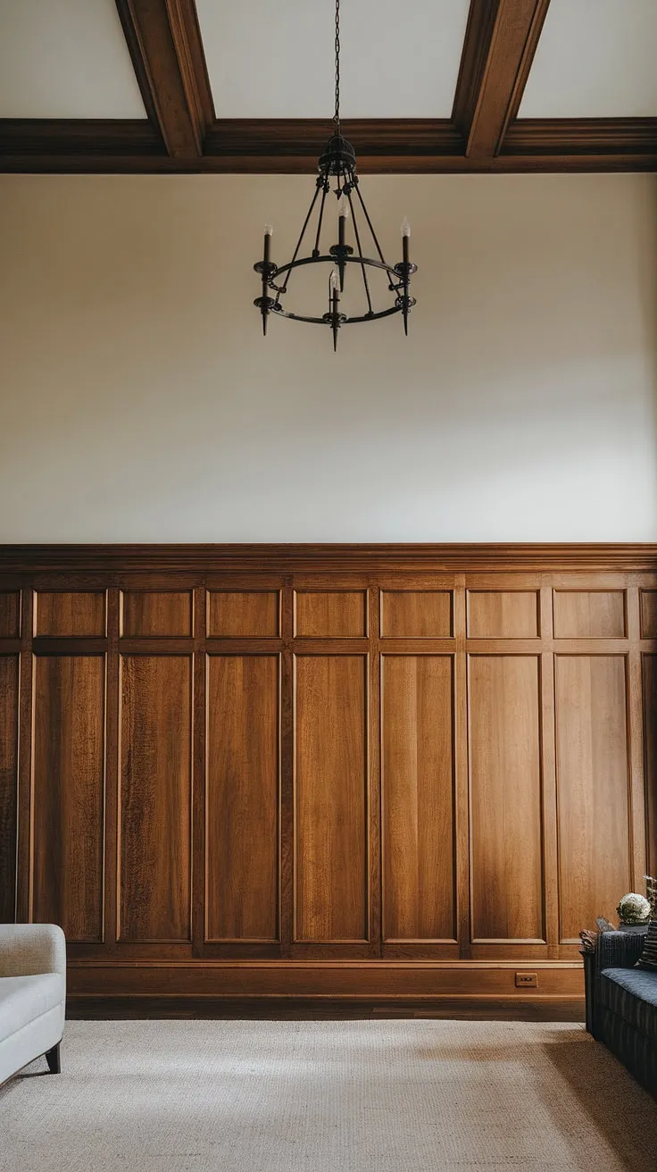 This living room's dramatic high ceiling is beautifully complemented by the rich, full wall wainscoting, showcasing stunning wainscoting designs.  From wainscoting ideas for living rooms to hallway wainscoting and even wainscoting for entryways, this installation proves the versatility of wainscoting.  The choice of wood and the extension to the ceiling elevates it beyond a simple half panel wainscoting, hinting at Victorian wainscoting influences while maintaining a modern feel.  Consider this a masterclass in wainscoting trim and a testament to how wainscoting wallpaper could be reimagined.  The light paint above adds a touch of elegance, avoiding the sometimes heavy feel of art deco wainscoting.