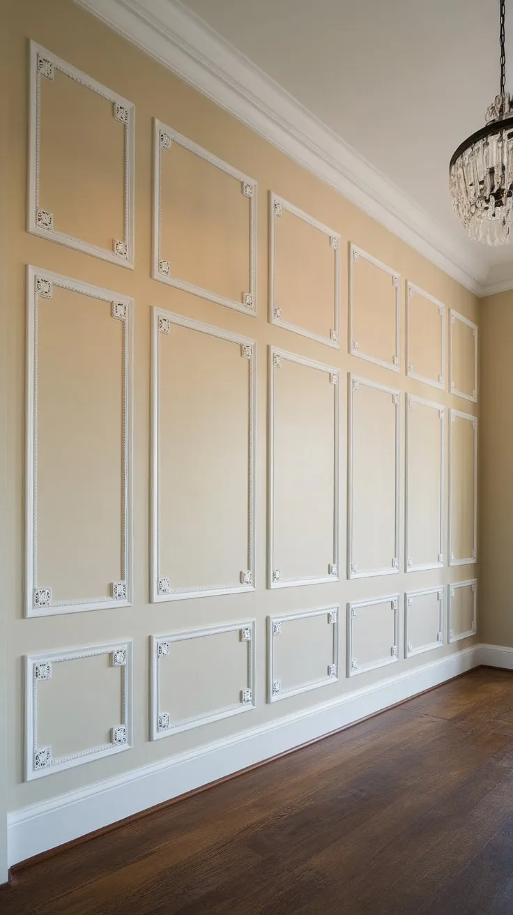 Option 1:  This living room's dramatic full wall wainscoting, reaching the high ceiling, showcases the elegance of Victorian wainscoting designs.  From wainscoting for living rooms to hallway wainscoting and even wainscoting for entryways, this installation offers endless wainscoting ideas.  The crisp white wainscoting trim against the soft beige walls and dark wood floor creates a stunning contrast. While this is a full wall treatment, consider half panel wainscoting for a different look.  This isn't your typical wainscoting wallpaper; it's the real deal.  Though this example leans Victorian,  art deco wainscoting could achieve a similarly striking effect.