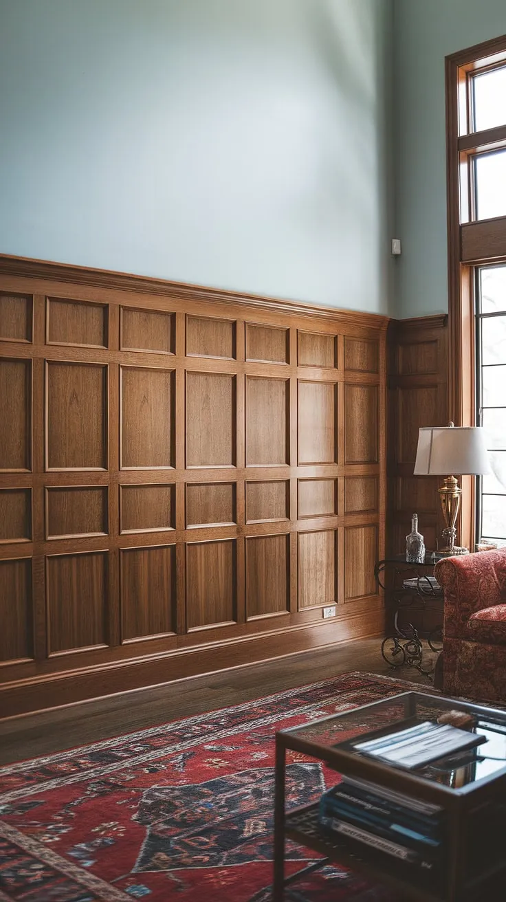 This living room's dramatic full wall wainscoting, extending from floor to high ceiling, showcases stunning wainscoting designs.  The rich wood contrasts beautifully with the light blue upper walls, offering endless wainscoting ideas for those considering wainscoting for living rooms, or even hallway wainscoting or wainscoting for entryways.  While this design evokes a touch of Victorian wainscoting, its clean lines could also inspire art deco wainscoting interpretations.  Forget half panel wainscoting – this is a bold statement! The meticulous wainscoting trim elevates the space, proving that wainscoting wallpaper is not the only option for achieving a luxurious look.