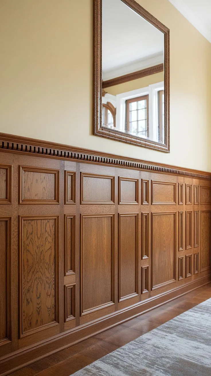 This full wall wainscoting transforms the living room, showcasing exquisite wainscoting designs that extend from floor to high ceiling.  The rich wood and elegant wainscoting trim offer a timeless appeal, perfect for wainscoting for living rooms, while the pale yellow above adds a touch of brightness.  Consider this for your own wainscoting ideas, whether you're looking at half panel wainscoting, hallway wainscoting, or even wainscoting for entryways.  While it evokes Victorian wainscoting, the clean lines could also inspire art deco wainscoting.  This is a stunning example of how wainscoting wallpaper could be interpreted in a three-dimensional way.