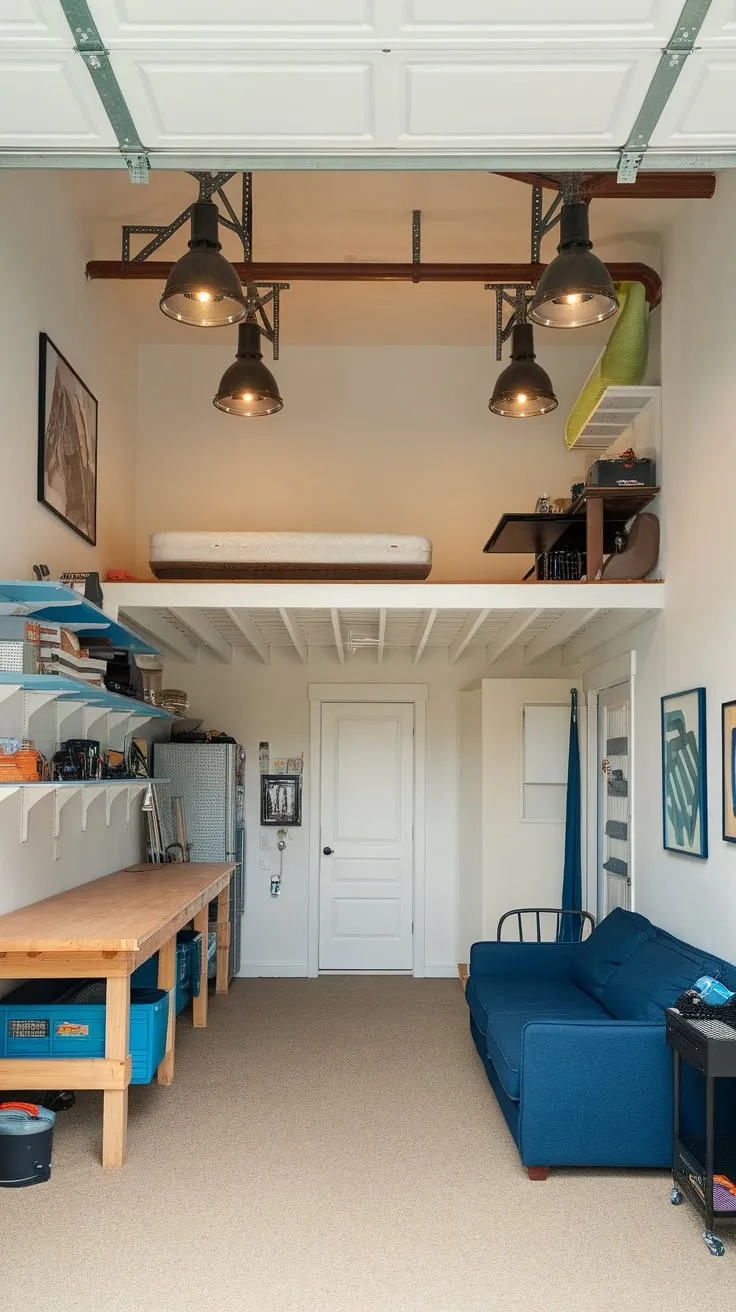 A cozy garage loft features a mezzanine sleeping area above a practical ground floor workspace, all illuminated by industrial lighting.