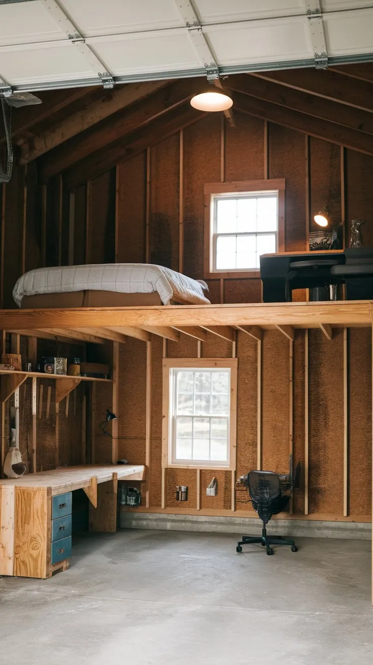 Cozy mezzanine bedroom and functional workshop combine in this rustic garage apartment loft, featuring wood walls and a concrete floor.