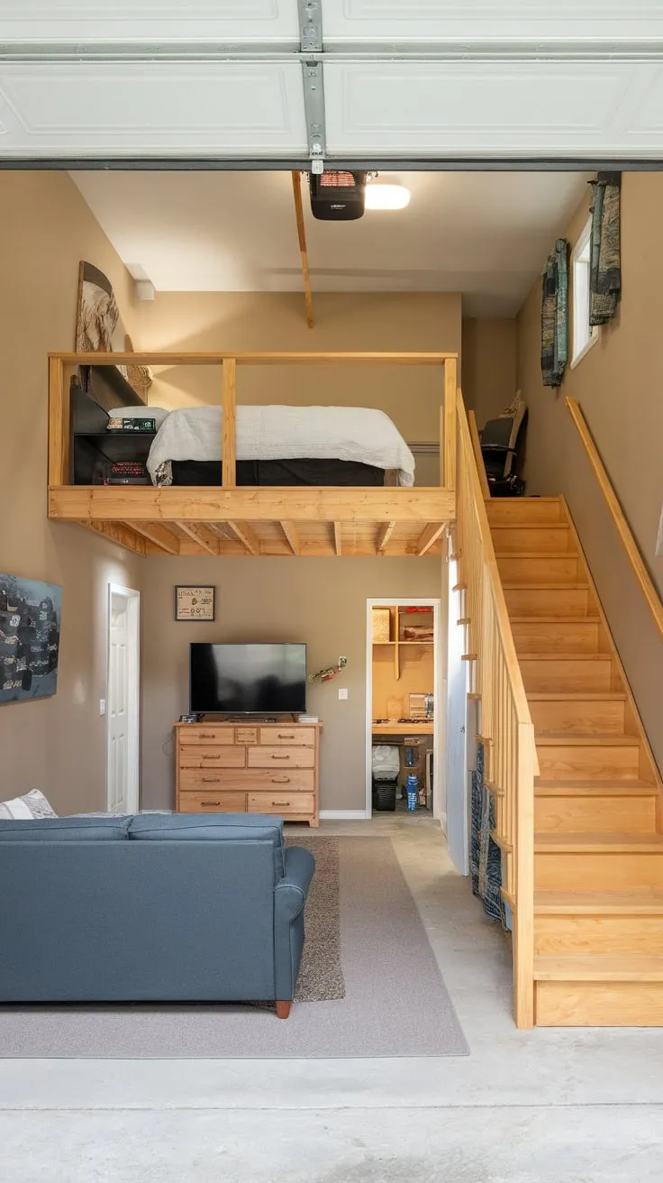 High ceilings and a mezzanine bedroom with a double bed create a surprisingly spacious and functional garage apartment.
