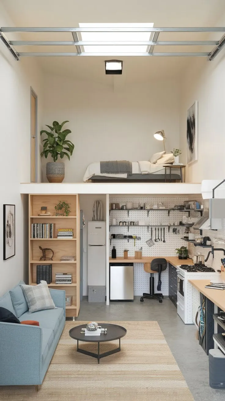 A converted garage provides a surprisingly spacious and functional living space with a workshop, mezzanine bedroom, and bright, airy design.