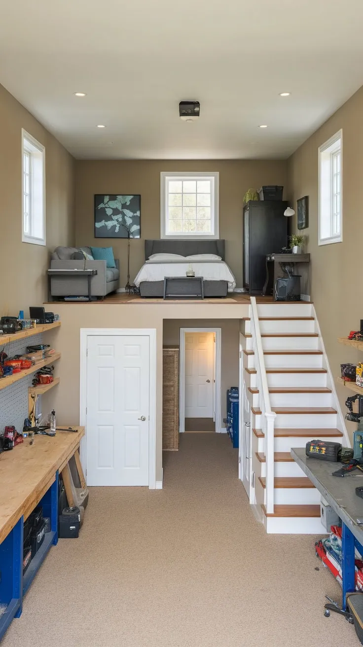 A cozy garage apartment boasts a workshop below and a mezzanine bedroom above, complete with seating area and ample natural light.