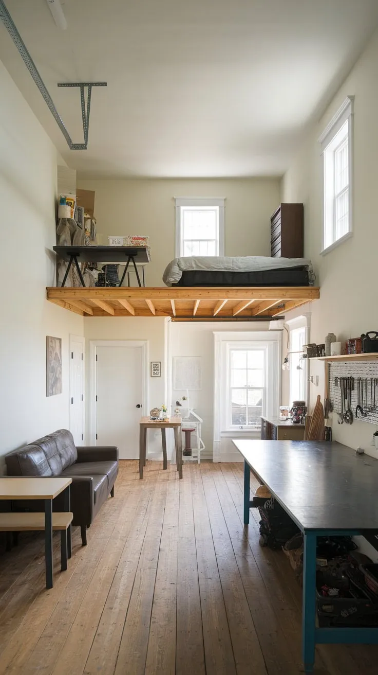 A bright white garage apartment boasts a cozy living space, a well-equipped workshop, and a mezzanine bedroom, perfect for comfortable living and productive work.