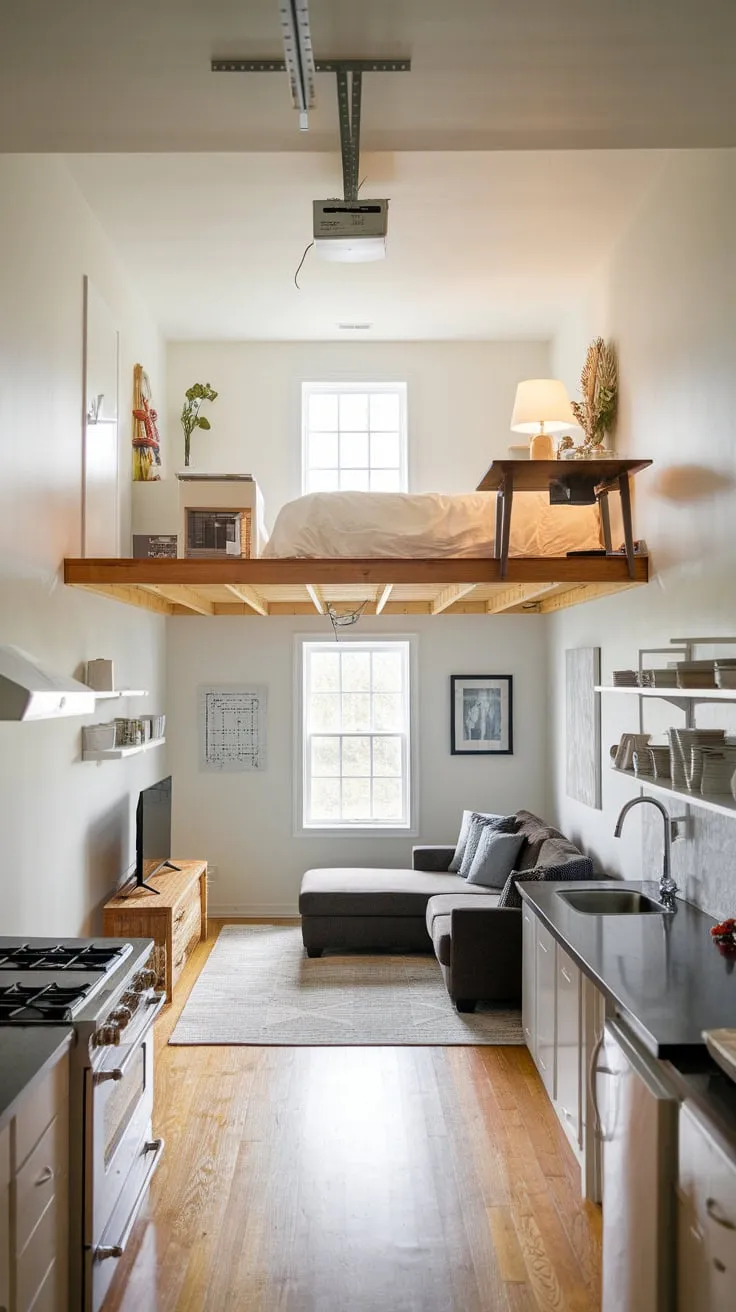 A cozy garage apartment boasts a mezzanine bedroom and a ground floor living area complete with kitchen and windowed living space